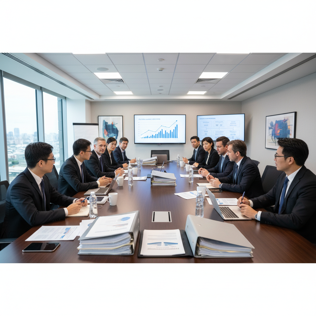 Executive business meeting with international team discussing strategic partnership and operational excellence