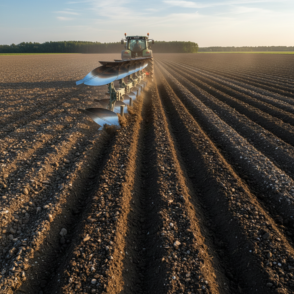 Tractor pulling disc plough through dark brown ploughed field, deep furrows, bright Kenyan sunlight