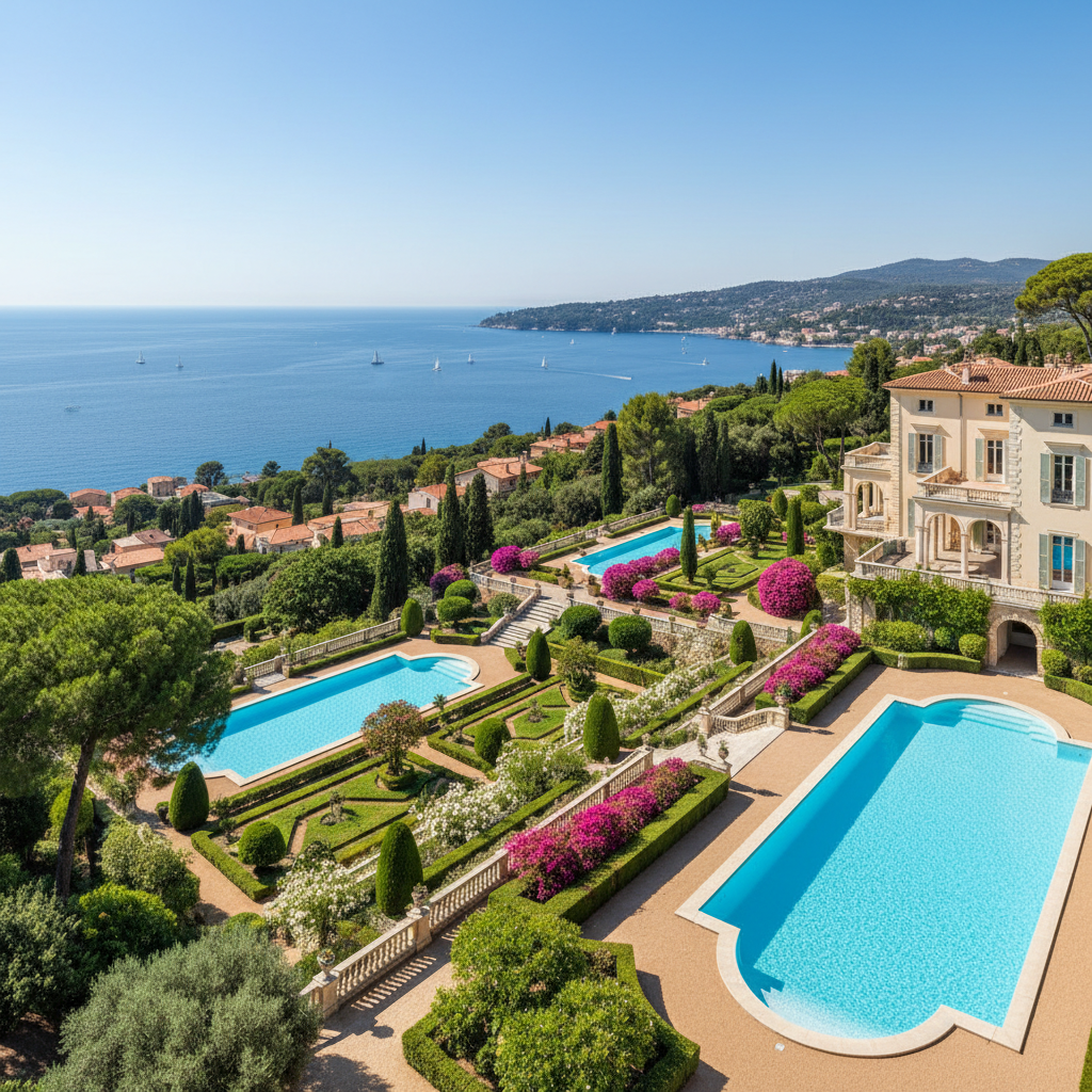 Palatial French Riviera villa with panoramic sea view, white facade, private dock, manicured gardens