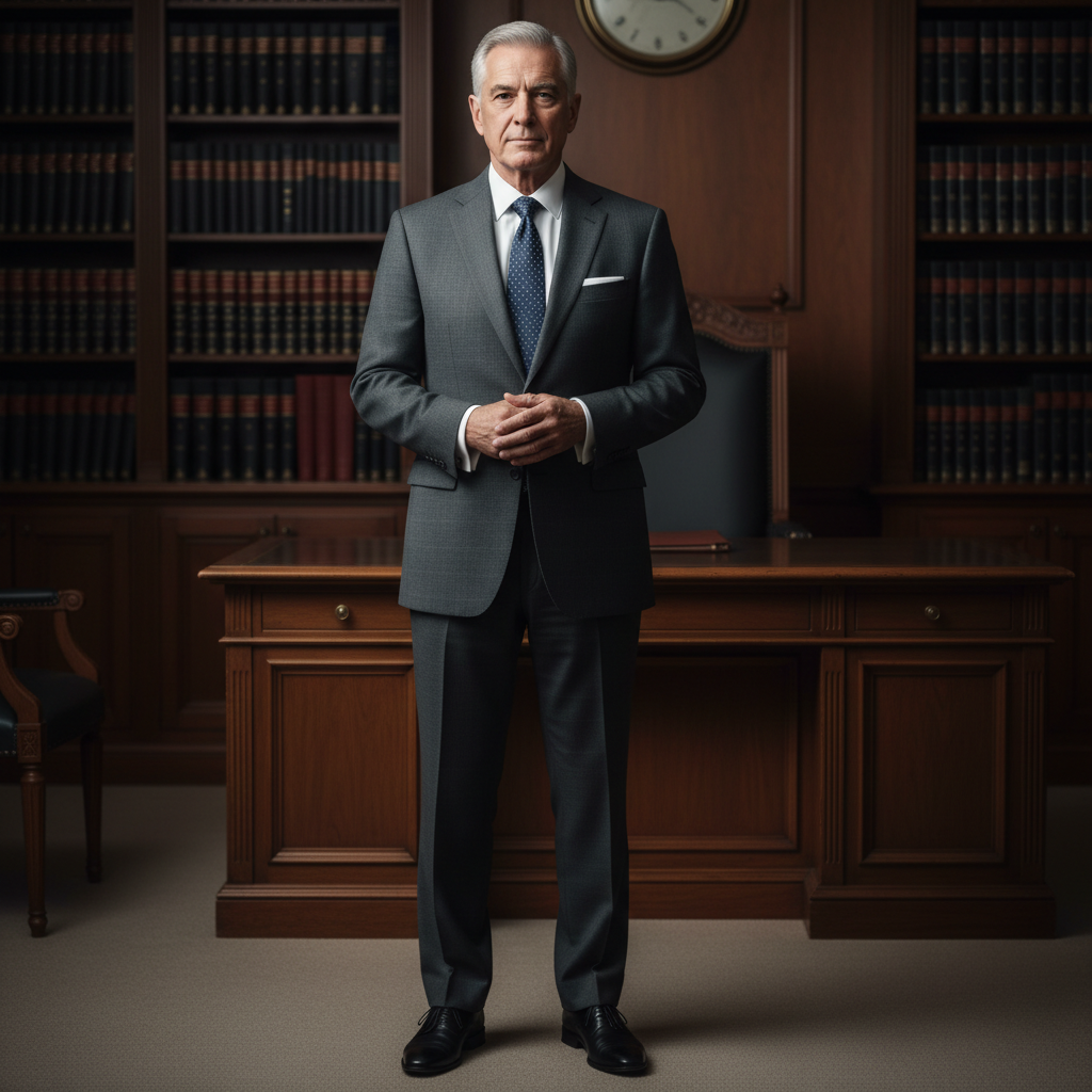 Professional lawyer in dark suit in dimly lit office with law books and dark wood paneling