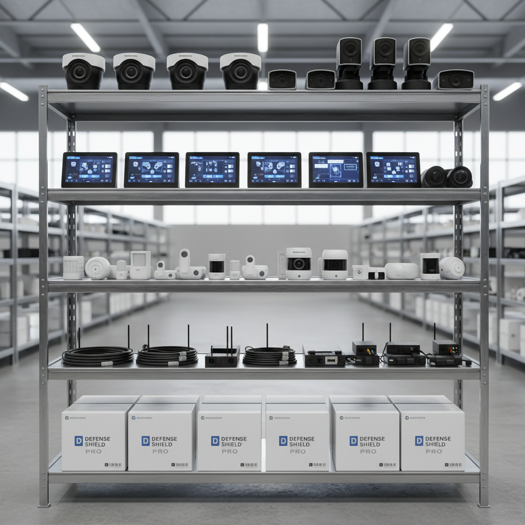 Security camera system installed in warehouse with multiple monitors showing live feeds