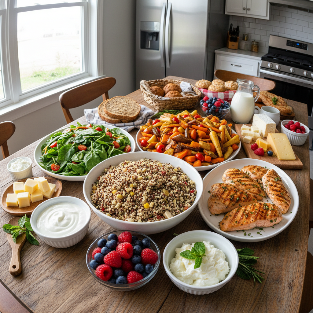 Bright overhead DASH diet plate with colorful vegetables, grains, and lean protein on white ceramic