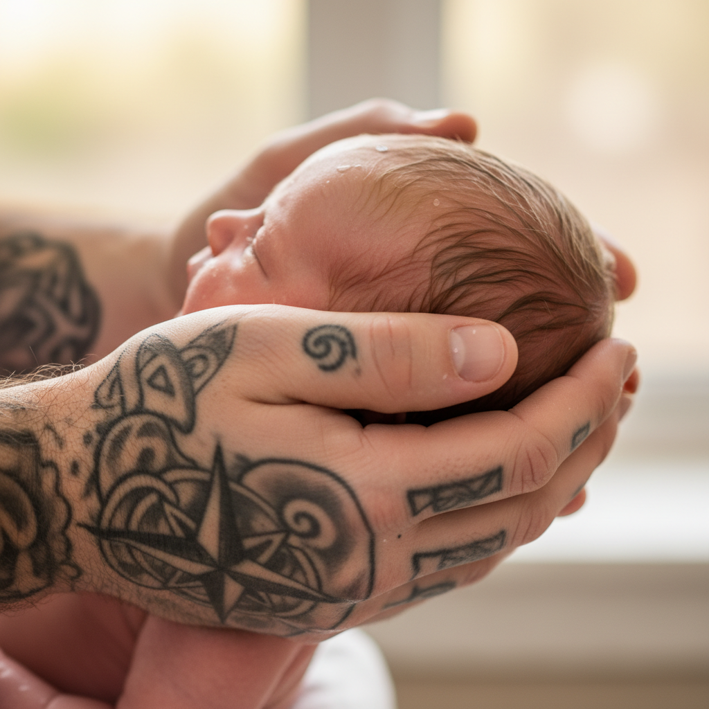 Father's tattooed hand cradling a freshly washed newborn head