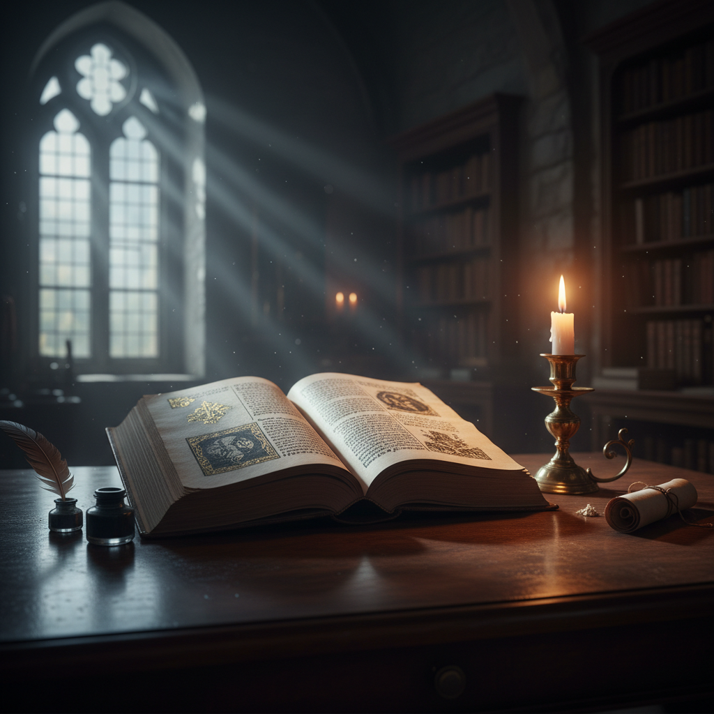 Open book with aged yellowed pages, candlelight illuminating text, dark moody atmosphere, wooden desk