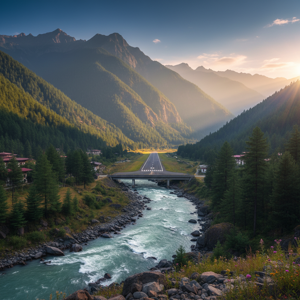 Paro valley with river rushing below the runway, surrounded by pine-clad mountains at golden hour