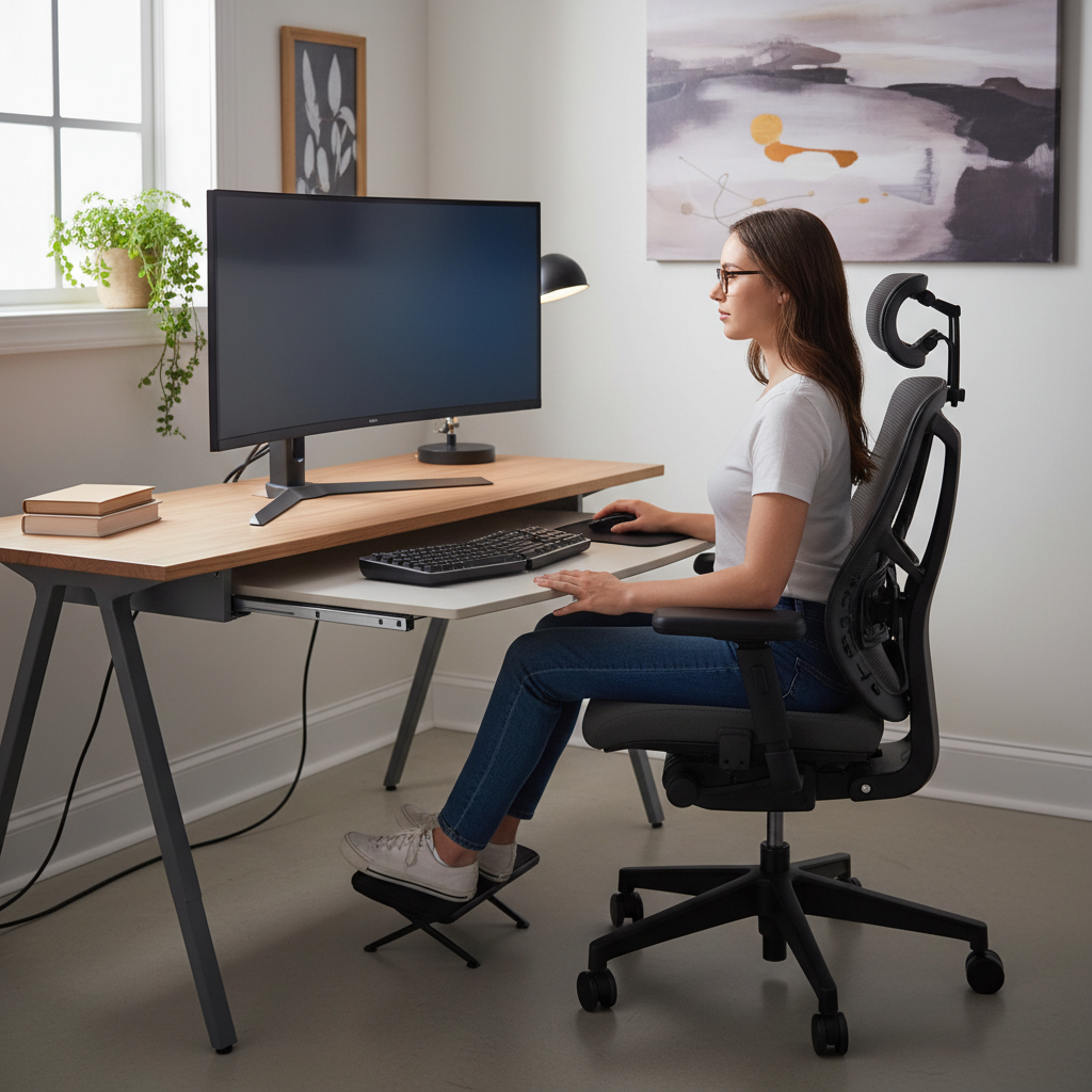 Ergonomically optimized workstation with monitor at exact eye level, keyboard tray at negative tilt, and properly positioned chair with lumbar support