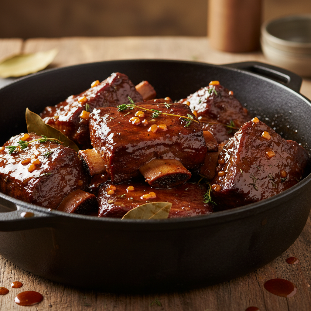 Braised short ribs in a cast-iron dutch oven with rendered fat glistening on the surface, deep mahogany color