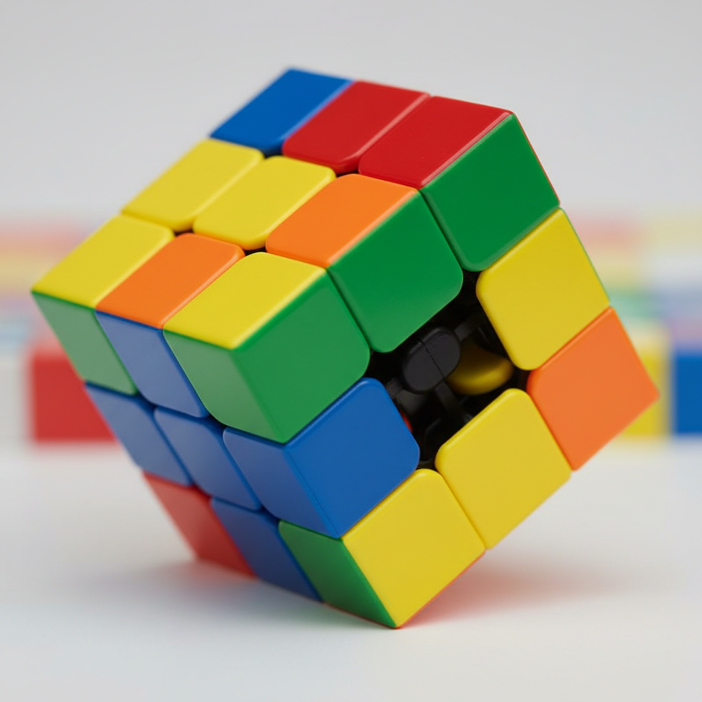 Colorful Rubik's cube mid-twist showing six colors