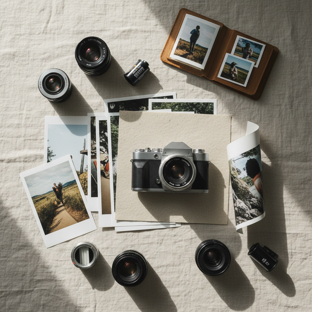 Camera and photo prints arranged on cream colored linen cloth