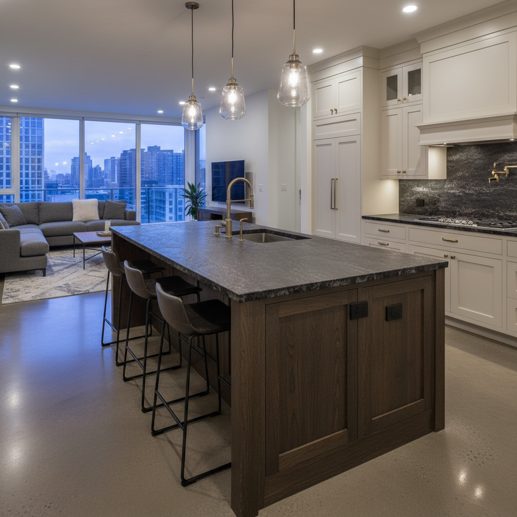 Dark leathered granite island countertop in open-plan kitchen renovation
