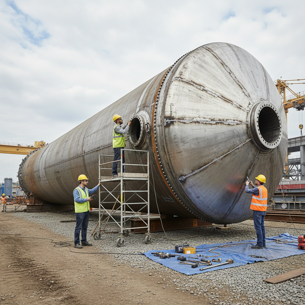 Row of large industrial cylindrical steel vessels in fabrication yard, daylight, organized staging area