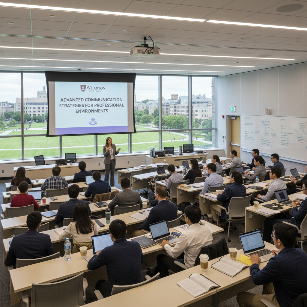 Bright modern online classroom with instructor teaching via video call, warm natural light through large windows