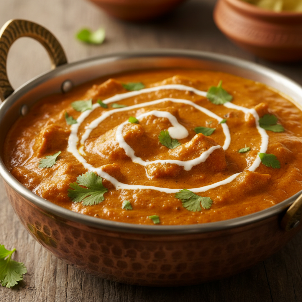 Murgh makhani butter chicken in a copper karahi with cream and coriander garnish