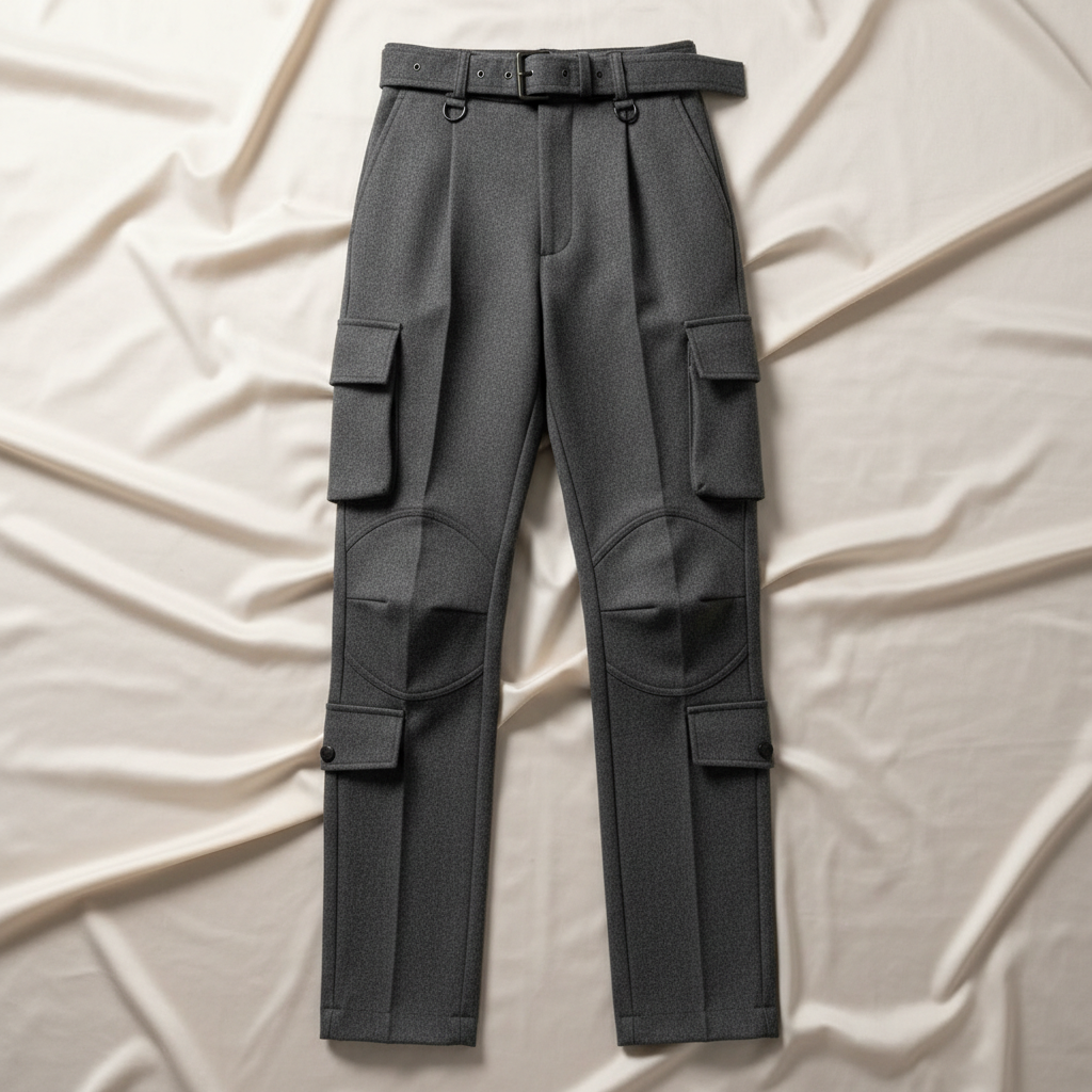 Dark cargo pants laid flat on clean surface showing multiple pockets and clean silhouette