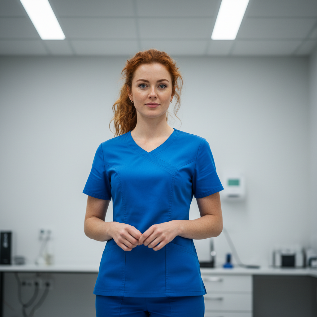 Caitlin Reyes, handler with auburn hair in medical blue scrubs