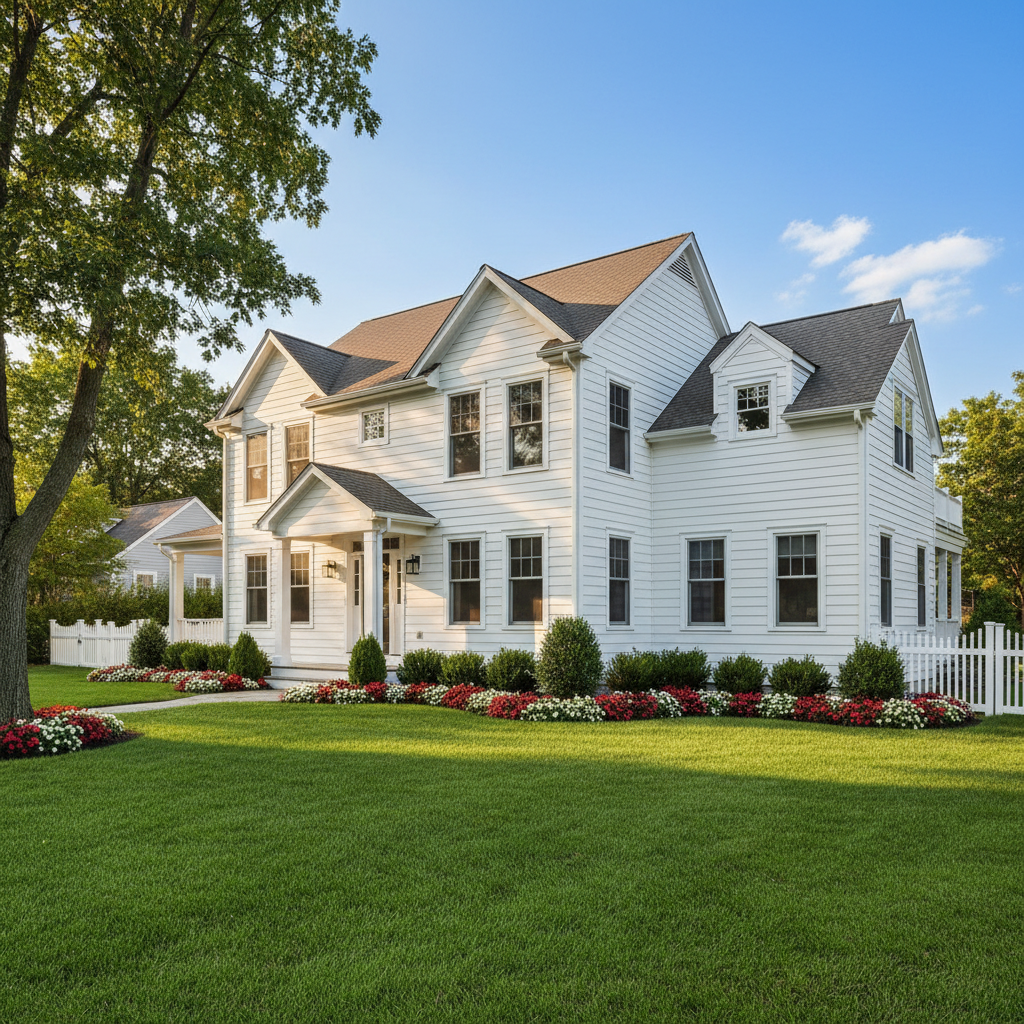 White vinyl siding on residential home showing clean and bright appearance after professional washing