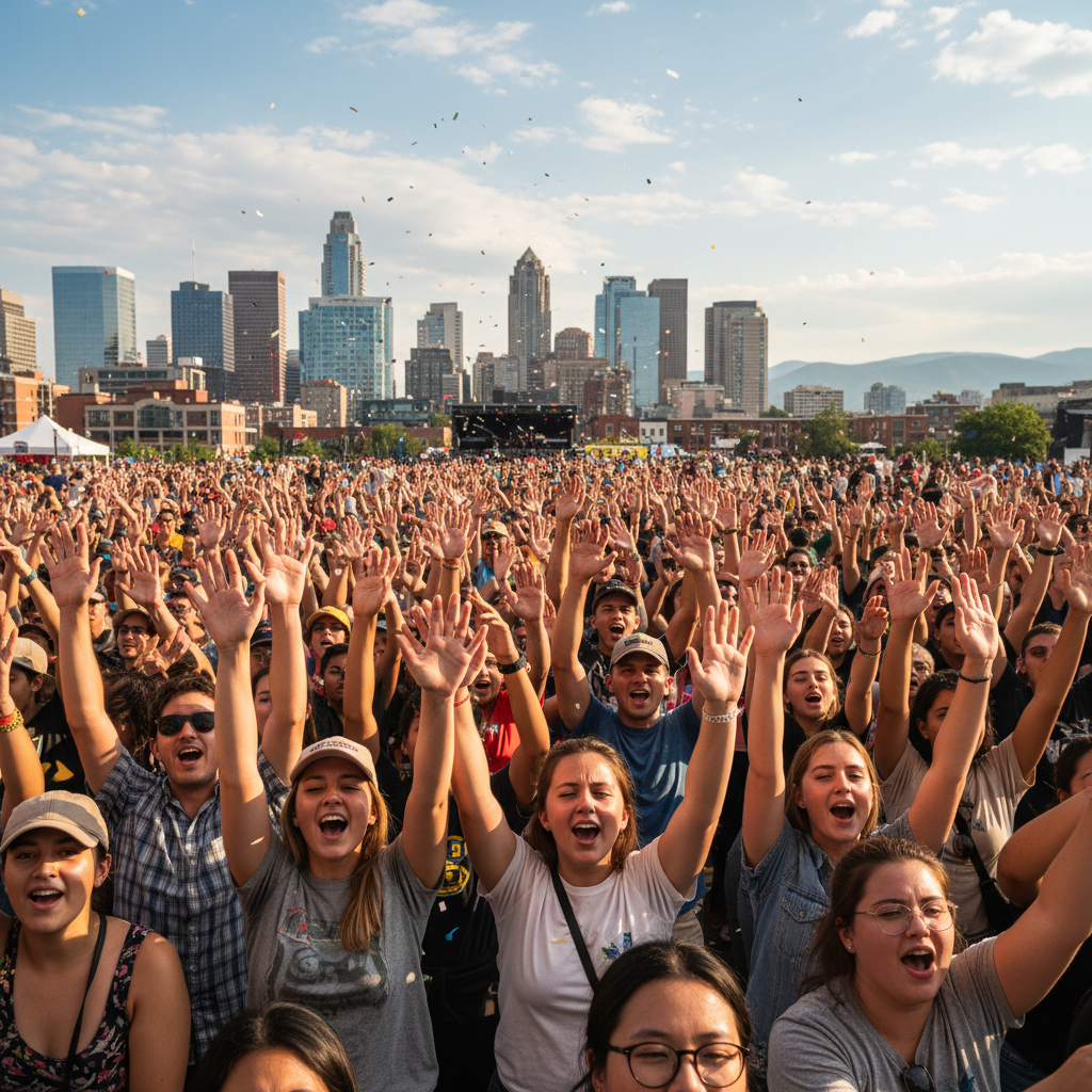 Concert crowd with hands raised at outdoor music event, warm stage lighting, urban energy
