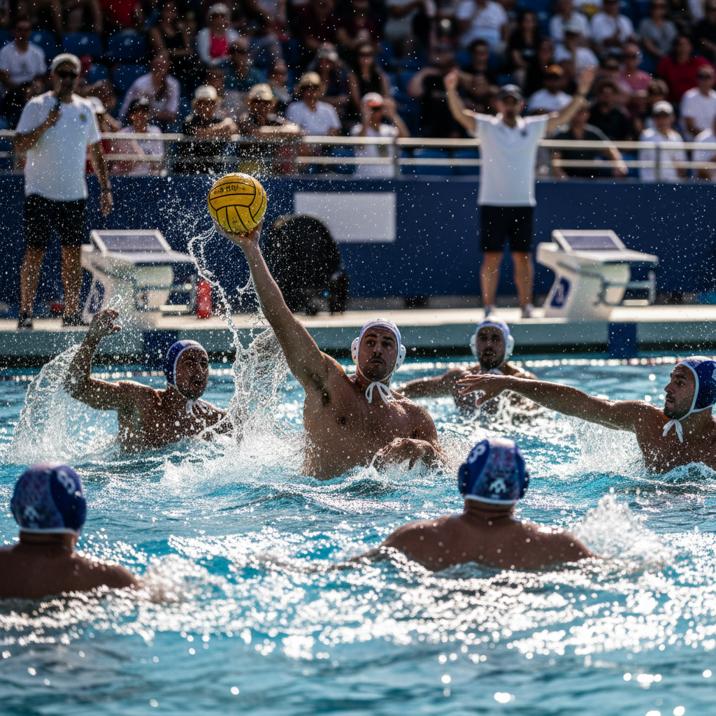 Water polo players in the pool, half-submerged view showing intense competition
