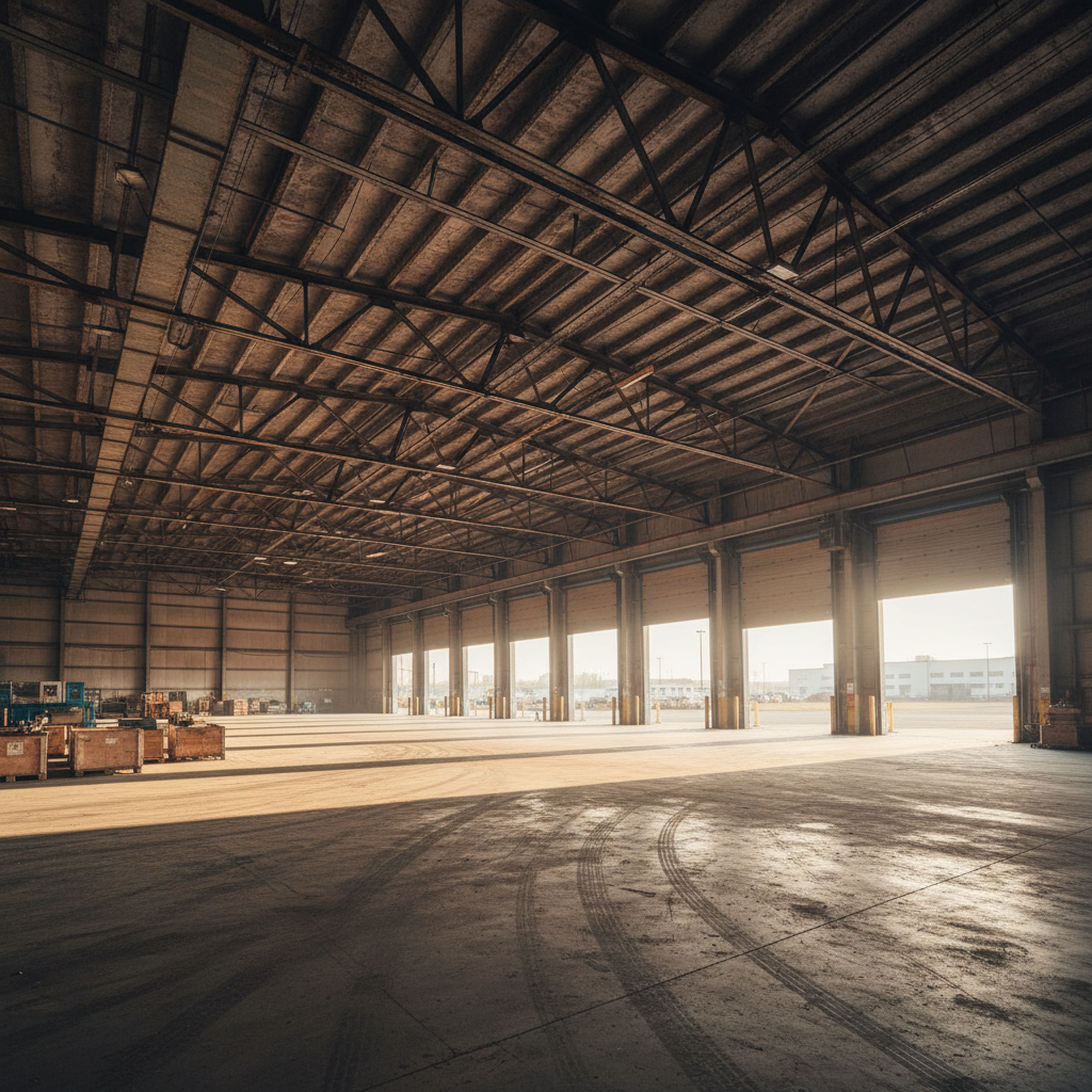 Large industrial warehouse interior with high ceiling and loading dock