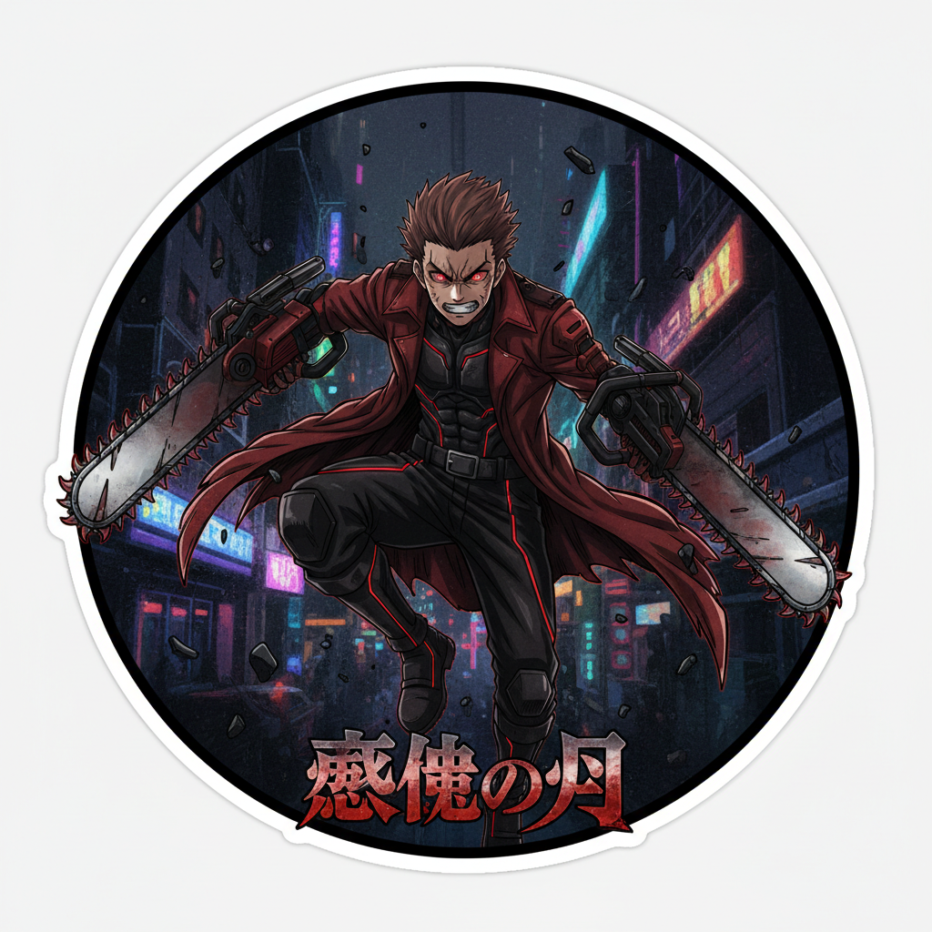 Dark supernatural anime character with chainsaw motifs and blood-red energy in an urban setting