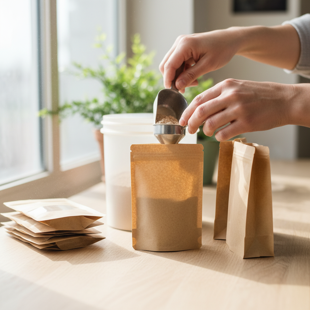 Hands carefully packing artisan food items in kraft paper box with tissue paper, clean warehouse light