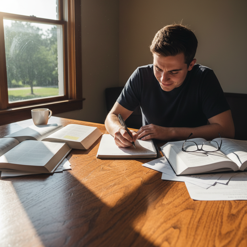 Student writing in notebook with open textbooks on a clean white desk