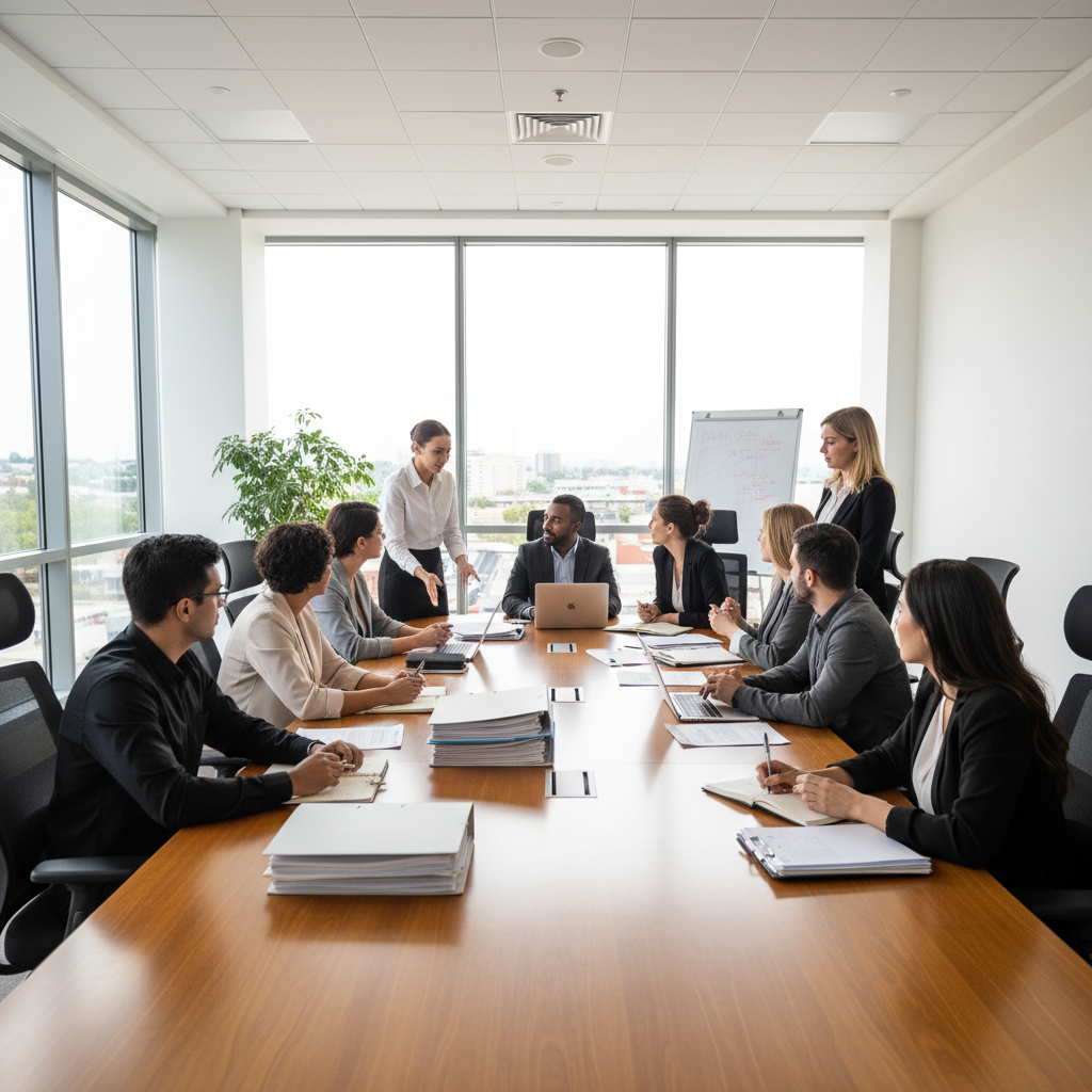 Bright modern boardroom with diverse team presenting to executives, floor-to-ceiling windows, natural light, collaborative atmosphere