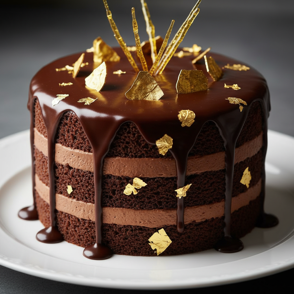 Elegant dessert plating with chocolate mousse and caramel drizzle on white plate with gold accents
