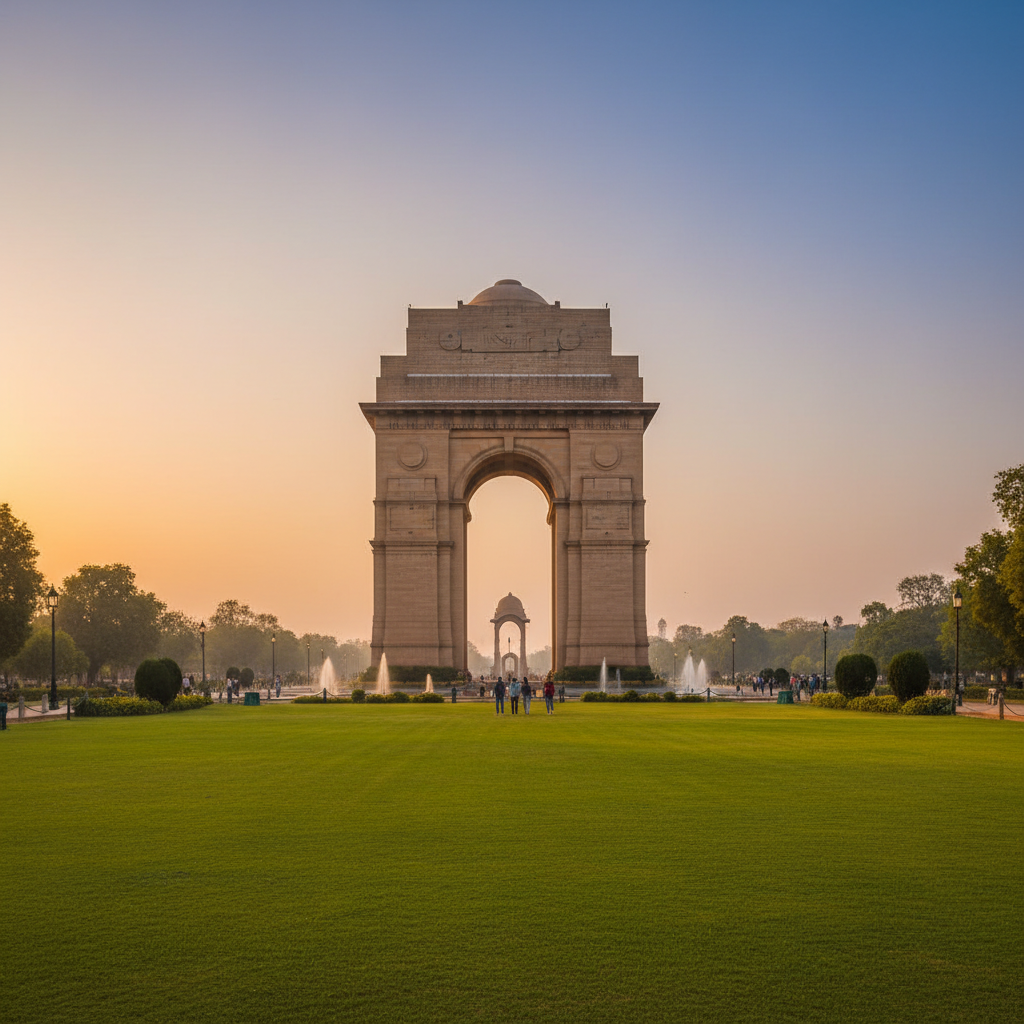 India Gate monument in New Delhi at dusk, warm golden-orange sky, dim atmospheric lighting, deep shadows on stone