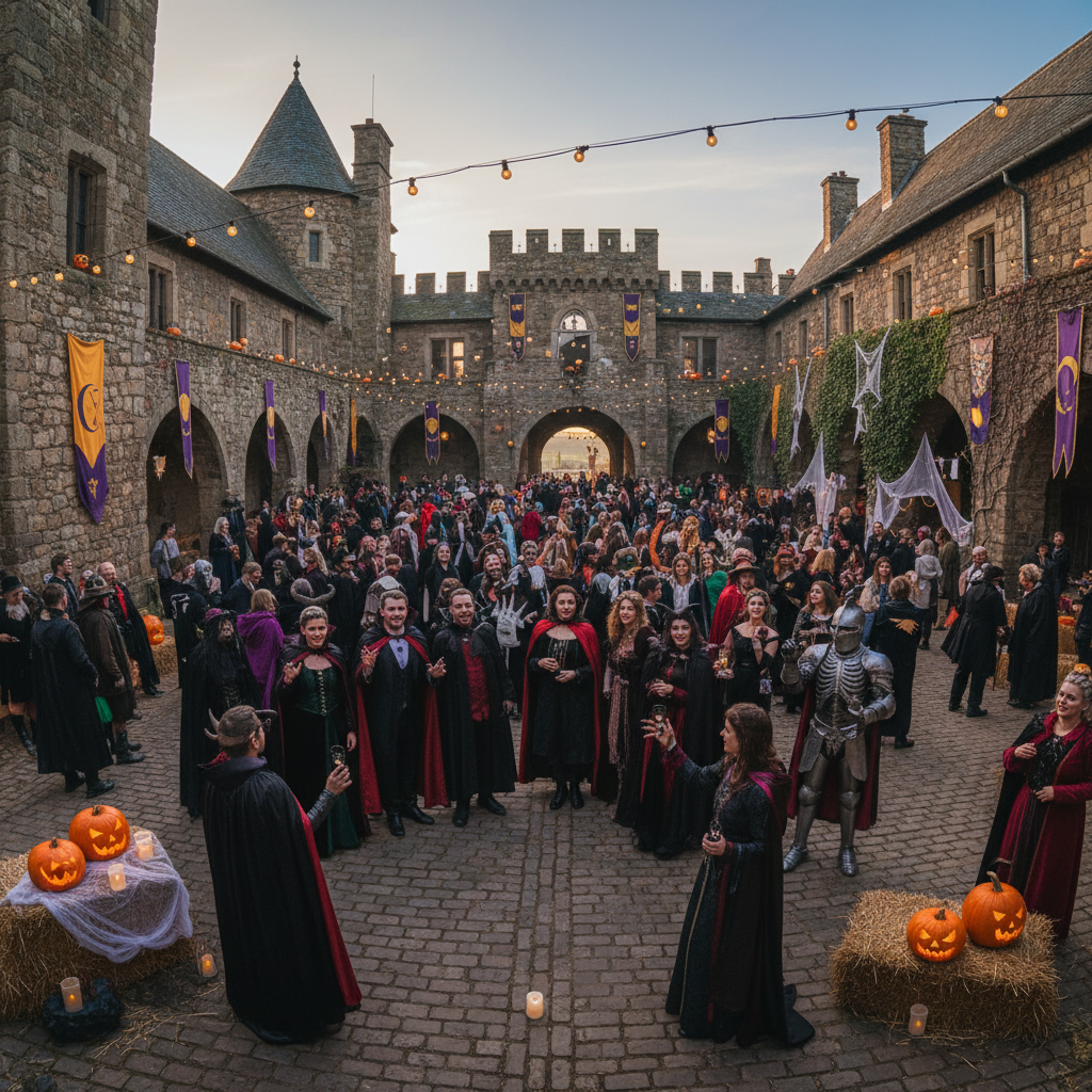Guest group in Halloween costumes in castle courtyard