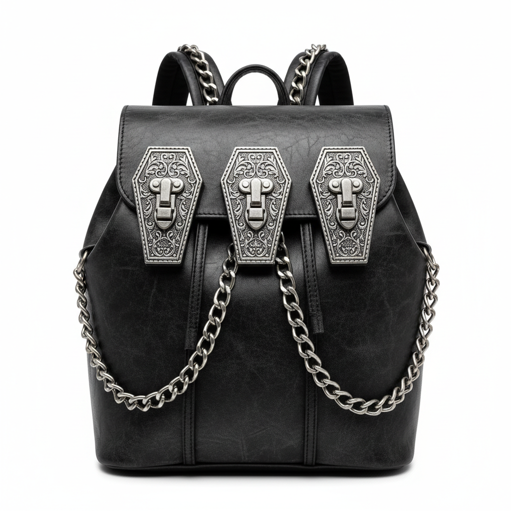 Catacombs Backpack — gothic leather backpack with coffin clasp closures and chain details