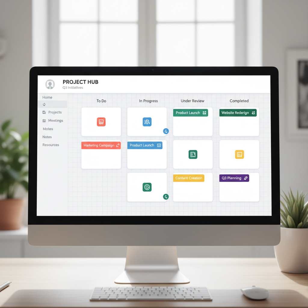 Notion pages with linked databases and task management views on a clean screen