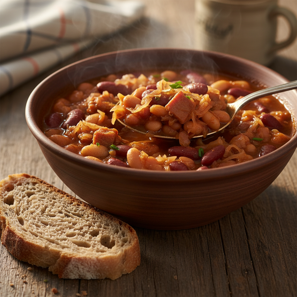 Thick bean and sauerkraut stew in a deep bowl with crusty bread beside it