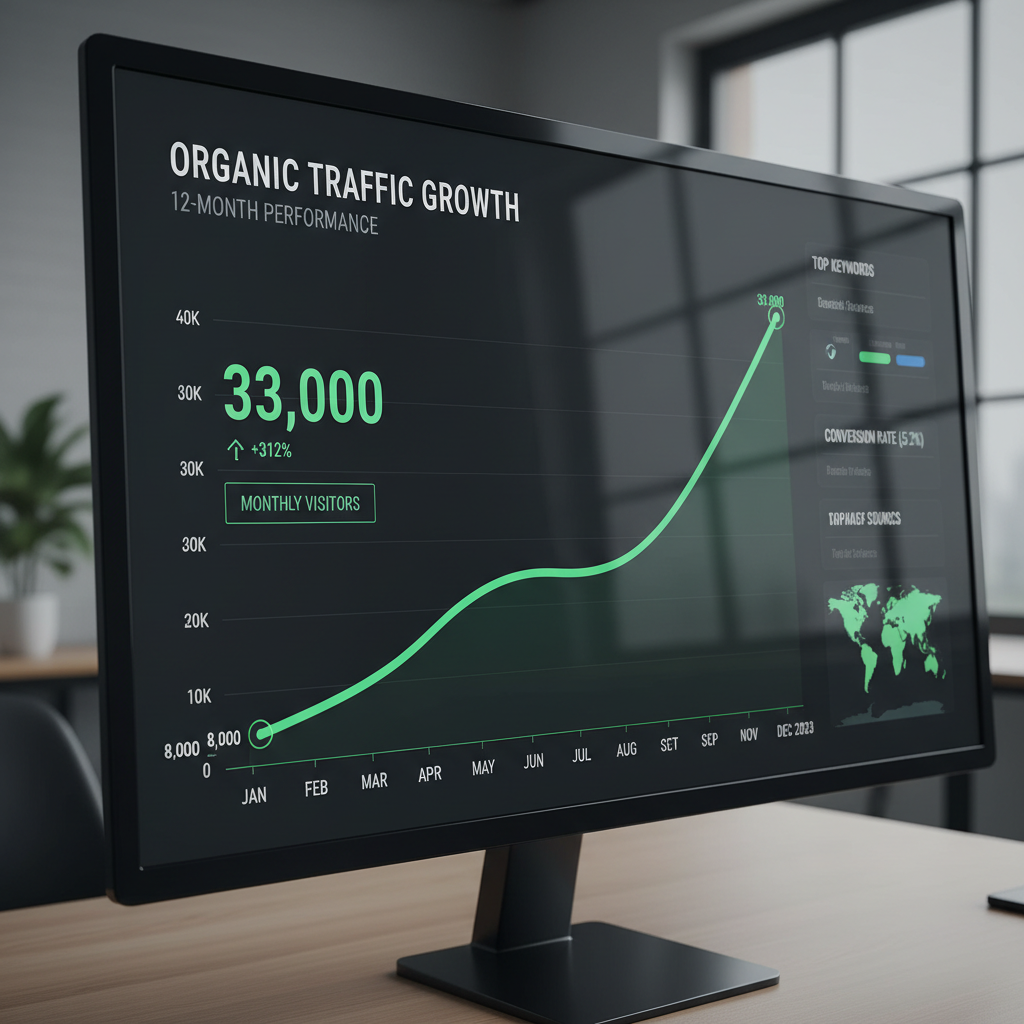 Bright analytics screen with upward green organic traffic growth chart showing steady month-over-month improvement
