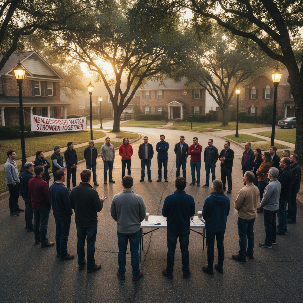 Community members gathered at a neighborhood watch meeting under street lights