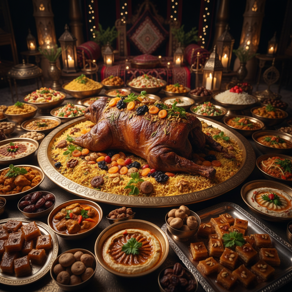 Elaborate Qatari wedding feast spread with whole roasted lamb, saffron rice towers, and traditional sweets on ornate brass platters