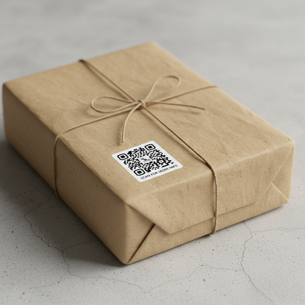 Handcrafted packaging with a small QR code sticker on kraft paper wrapping