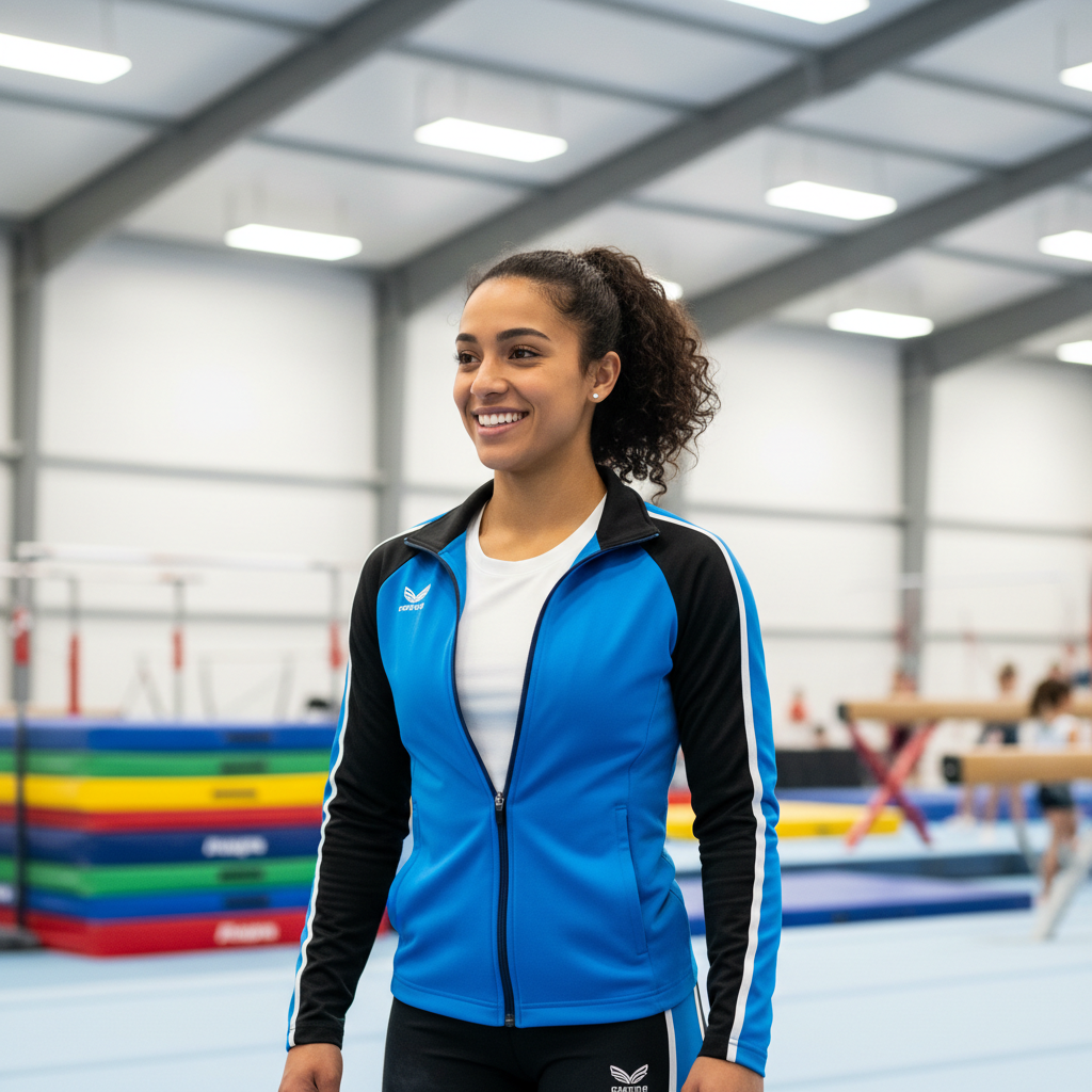 Female gymnastics coach Yuki Tanaka with an encouraging expression in a gymnastics studio