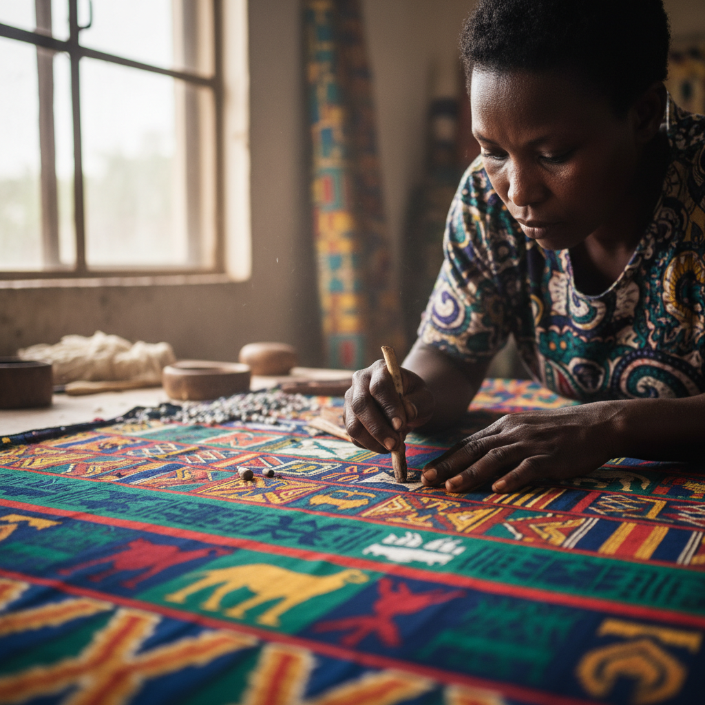 Vibrant colorful African fabric patterns in warm sunlight
