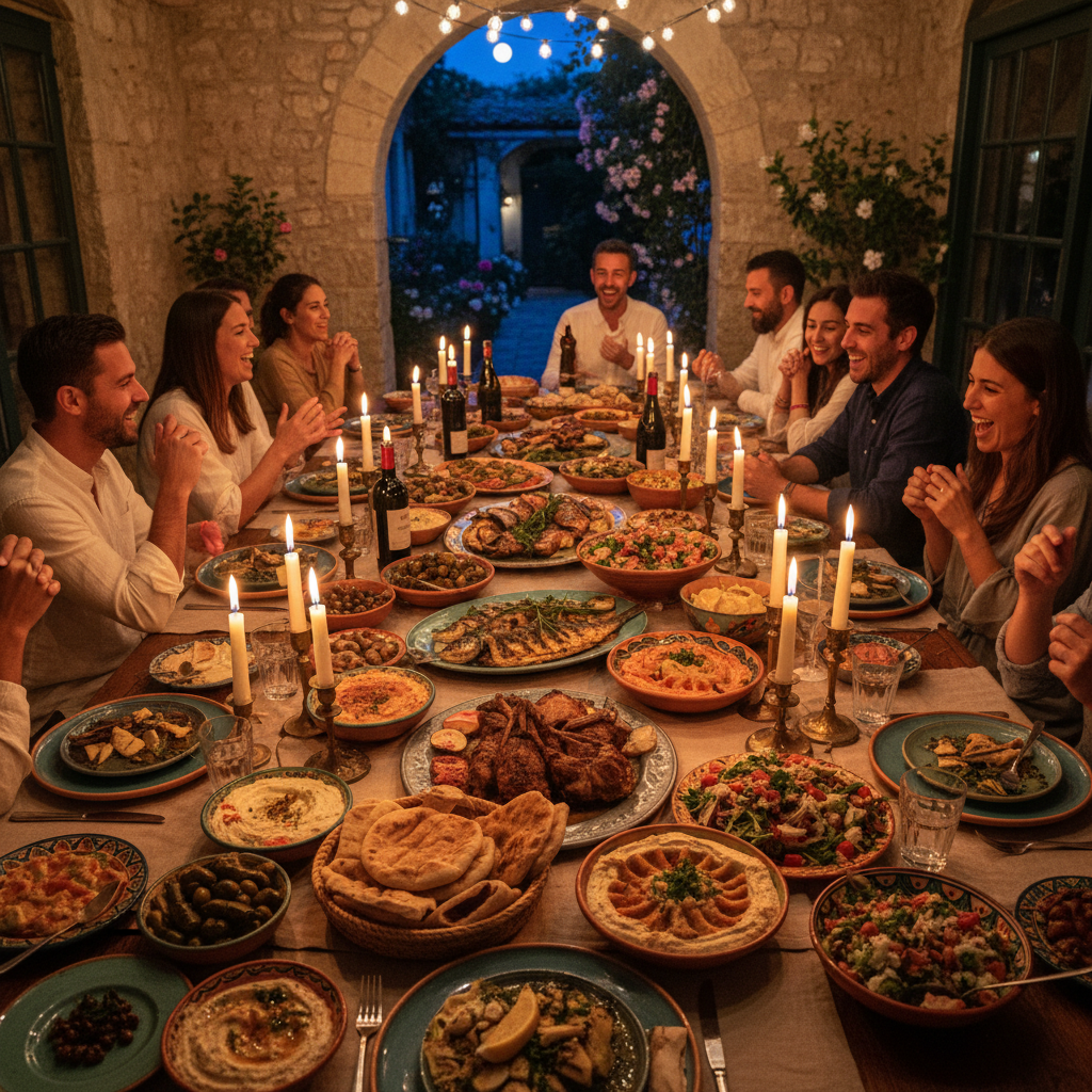 Abundant Mediterranean feast spread on table with warm dim restaurant lighting, deep shadows, dark wooden surfaces