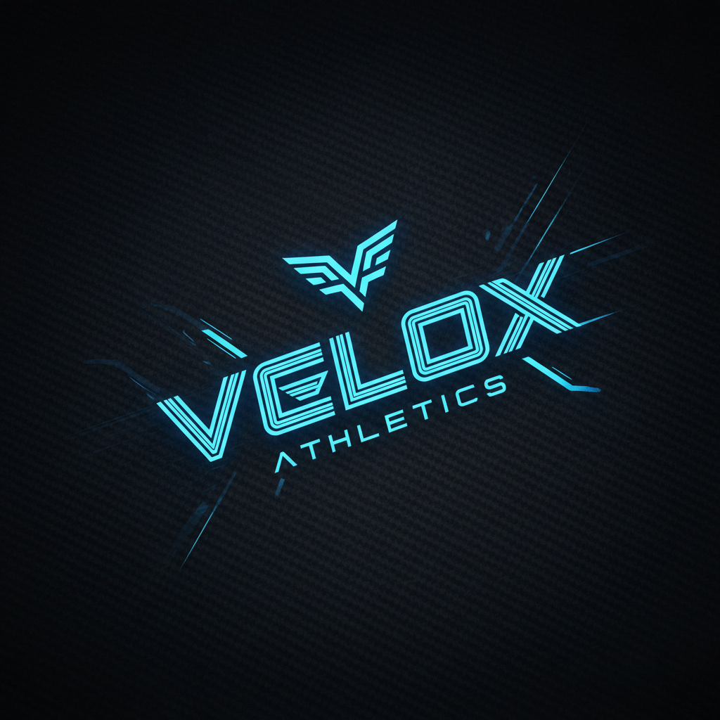 Sports branding design on dark surface with neon blue accent lighting