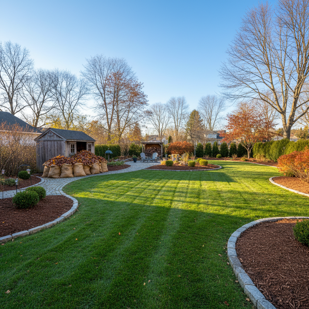 Well-maintained residential property with clean lawn during autumn season