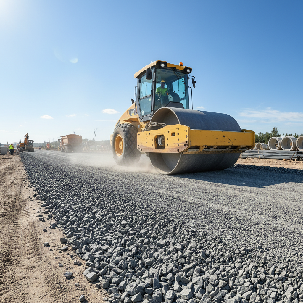 Heavy vibratory compactor rolling over freshly laid road base at construction site