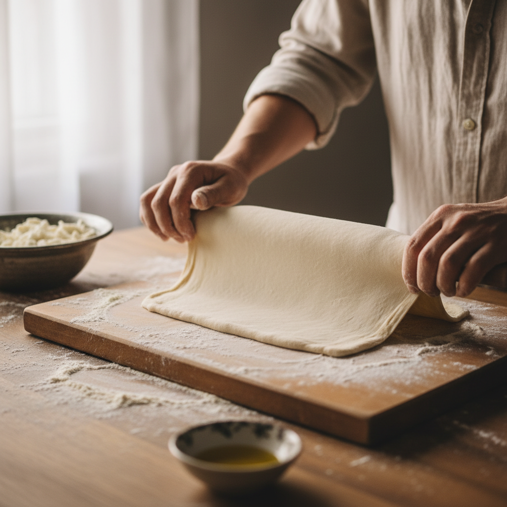 Hands rolling börek dough paper-thin on a floured surface