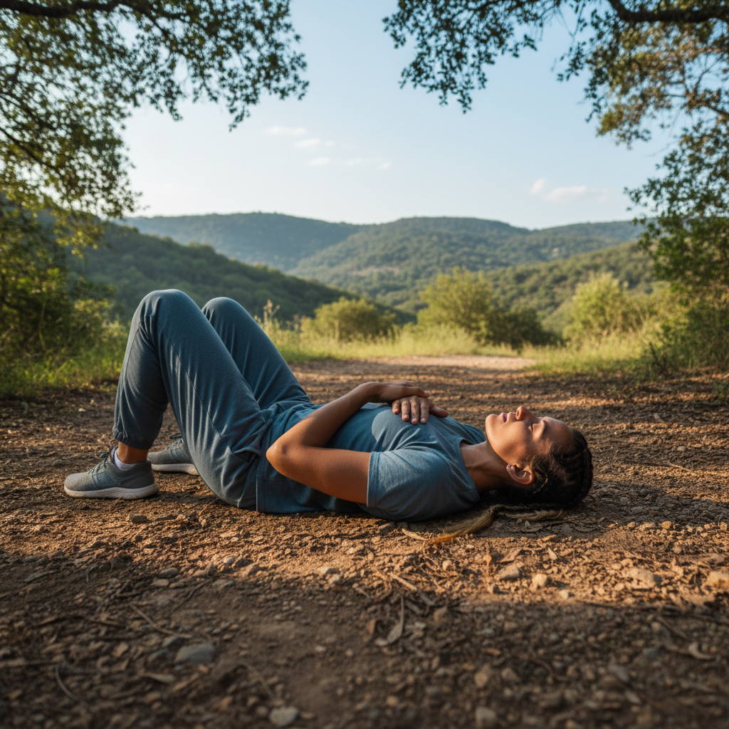 Person in calm recovery position after workout, doing extended exhale breathing