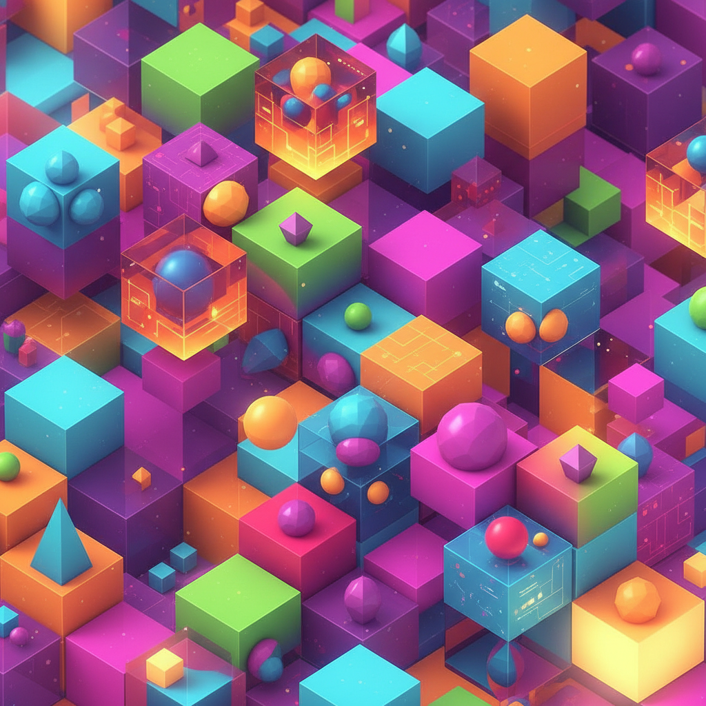 Colorful 3D rendered abstract shapes in Pixar animation style