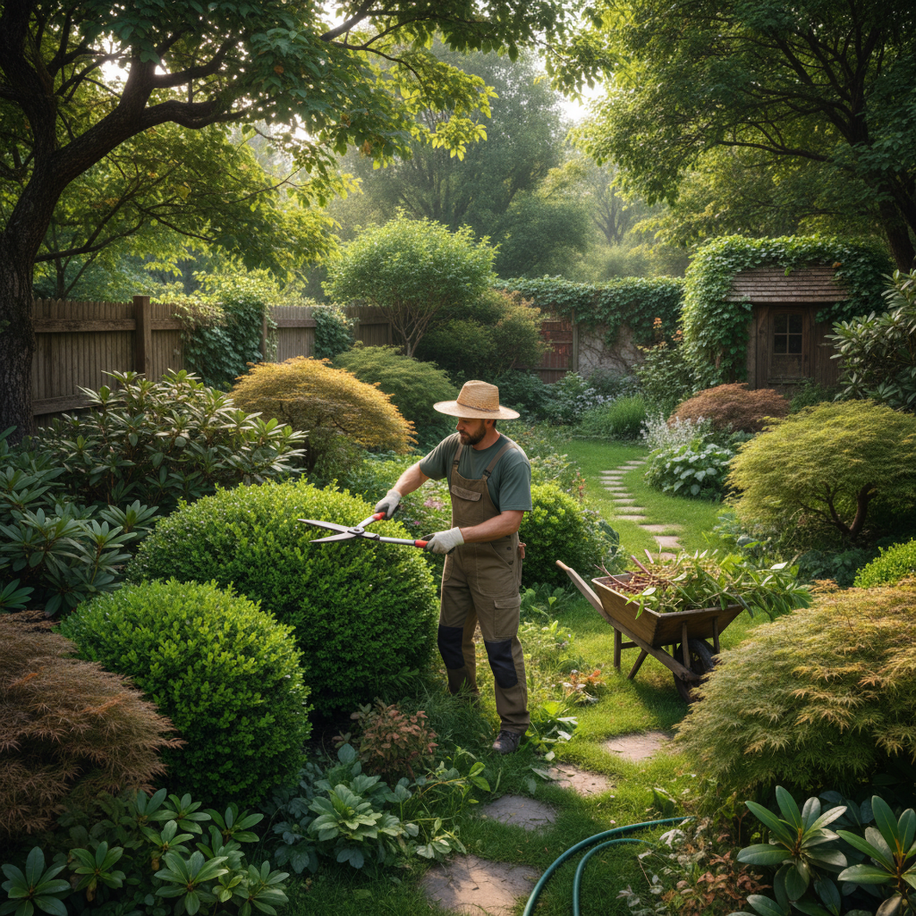 Gardener carefully maintaining and pruning healthy garden beds with colorful flowers