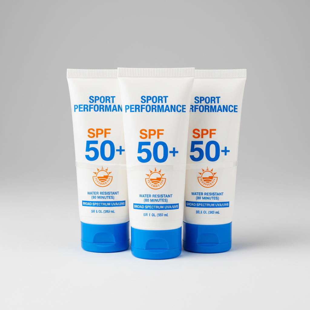 Sunscreen and SPF skincare products in colorful summer packaging arranged in retail display
