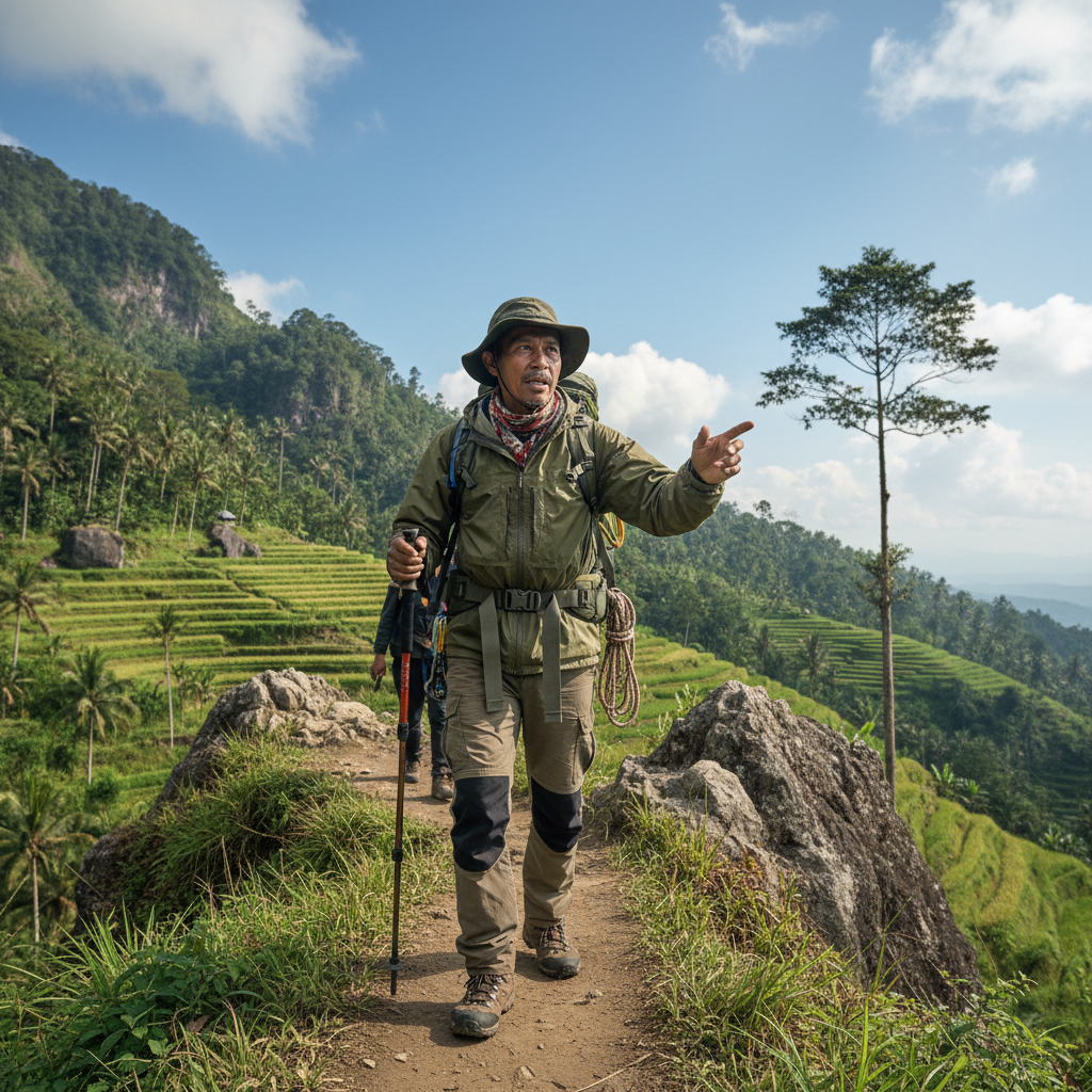 Elvis, professional nature tour guide standing in lush Dominica rainforest wearing hiking gear with binoculars