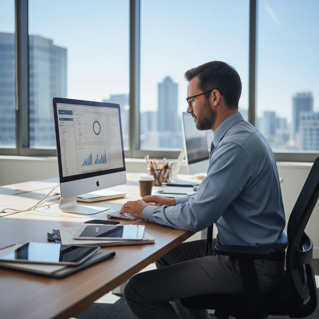 Marketing operations lead, man in business casual, office setting